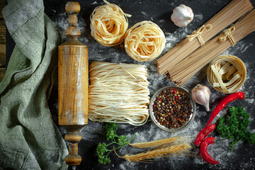 Raw pasta in composition with kitchen accessories in the kitchen on the table.