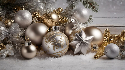 Silver and gold Christmas balls composition on white background
