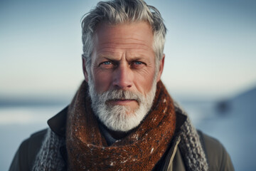 a older man looks at the camera while standing in a snowy field, in the style of danish winter scene - Powered by Adobe