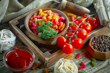 Raw pasta, spaghetti in a plate with seasonings and vegetables. Raw, ready-to-cook dish.