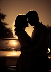 Silhouette of a Romantic couple kissing on sunset near a vintage car, Valentines theme - obrazy, fototapety, plakaty