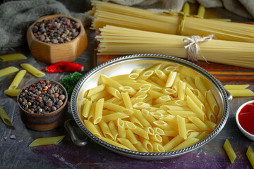 Raw pasta, spaghetti in a plate with seasonings and vegetables. Raw, ready-to-cook dish.