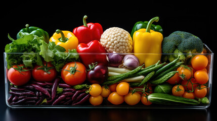 Fototapeta na wymiar Lush display of colorful vegetables in a clear container, a feast for the eyes and health. These vibrant veggies are loaded with nutrients for a vitalizing diet.
