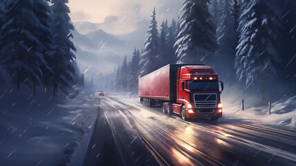 Red cargo truck driving on icy and snowy road during winter, logistics and transport concept - obrazy, fototapety, plakaty