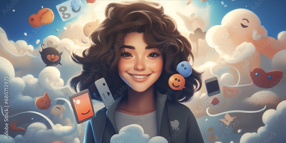 Poster social network icons float like digital clouds, weaving a tapestry of virtual connectivity in the mo