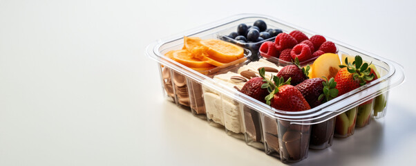 A snack box with an assortment of fresh fruits, nuts, and cheese, ideal for a vitamin-packed meal. The clean background is perfect for a banner discussing the importance of a varied diet