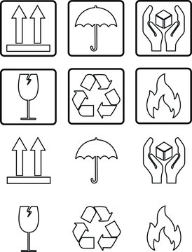 Common packaging, warning symbol set. line style icons with frame Isolated on transparent background. recycle, Handle with care, collection of goods such as fragile cargo, logo vector apps website