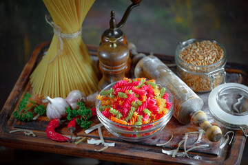 Raw pasta, spaghetti in a plate with seasonings and vegetables. Raw, ready-to-cook dish.
