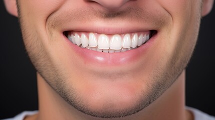 Fototapeta premium A beautiful man is smiling whitening teeth close up. AI generated