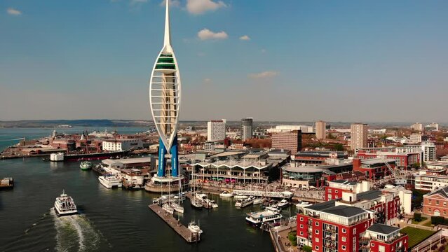 Aerial cityscape of Gunwarf Quays waterfront in Portsmouth