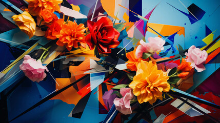 Abstract cubism, multiple perspectives of a bridal bouquet being caught, vibrant colors fragmented into geometric shapes, playful atmosphere