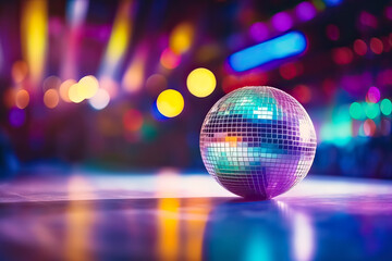 A vibrant disco ball in a club, infusing energy into the party scene with a dazzling background - obrazy, fototapety, plakaty