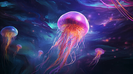 Naklejka premium Cosmic jellyfish floating in the depths of space, vibrant bioluminescent colors, soft and glowing edges, tentacles reaching for star clusters