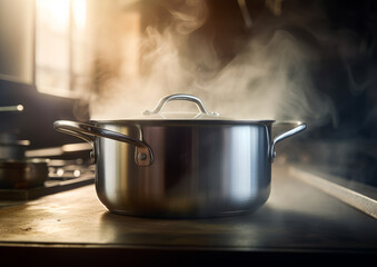 A saucepan on stove with steam rising. A large pot sitting on top of a wooden counter