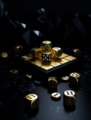 Casino game with gold dice on black background. A group of dice sitting on top of a table