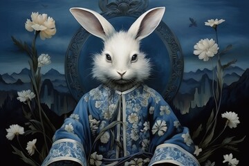 Moon rabbit dressed in kimono with white flowers at night. Chinese new year, year of the rabbit zodiac sign. Animal cartoon character for design, print, greeting card, poster, banner, sticker - obrazy, fototapety, plakaty