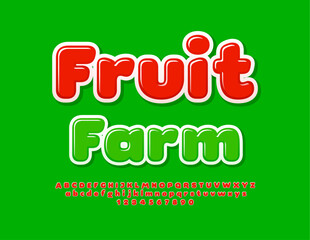 Vector creative banner Fruit Farm. Bright Red Font. Artistic Bold Alphabet Letters and Numbers