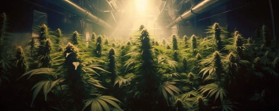 Cannabis plants on farm. Flowering colas of mature. Generative ai