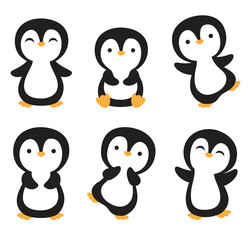 Cute holiday baby penguins vector illustration set. Happy penguins dancing in winter. - obrazy, fototapety, plakaty