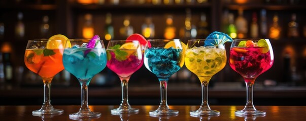 Five colorful cocktails in wine glasses on bar. Generative ai