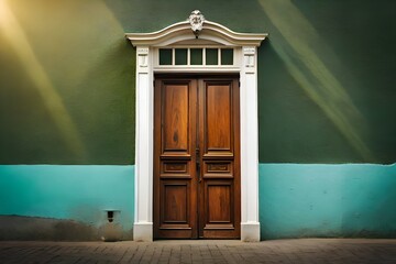 Old vintage wooden victorian european front door or back door and a window as a backdrop or background design element.