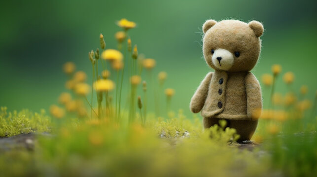 Handmade DIY figurine, cute crafted wool felt teddy bear on a blurred flower meadow