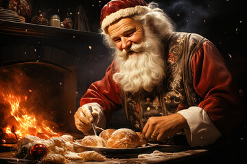 Obraz premium Santa Claus bakes Christmas cookies christmas background