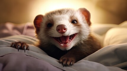 Blissful bed scene ferret smiles.
