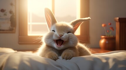 Blissful bed scene rabbit smiles. - obrazy, fototapety, plakaty