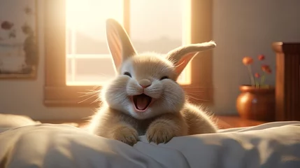 Fotobehang Blissful bed scene rabbit smiles. © JVLMediaUHD