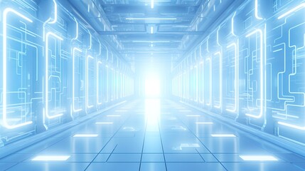 Obraz premium Bright, futuristic walls with intricate binary code, blending light blues and whites, rendered using Octane.