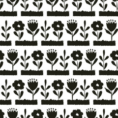 Scandinavian modern art seamless pattern of flowers in flower boxes. wrinkled edges, black and white background. Fabric design, interior, wallpaper, linen, case