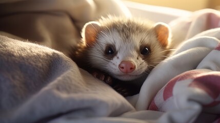 Fototapeta na wymiar Smiling ferret rests in a bed.