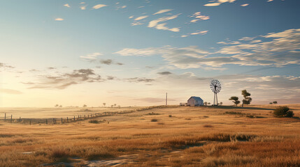 The evening light envelops windmills and small houses, surrounded by golden fields.