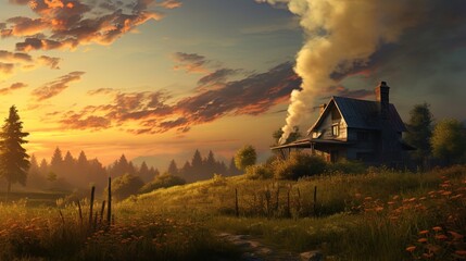 The golden hour leaves its imprint on every blade of grass, and the smoke from the chimney of a small house rises into the sky like a message of coziness.
