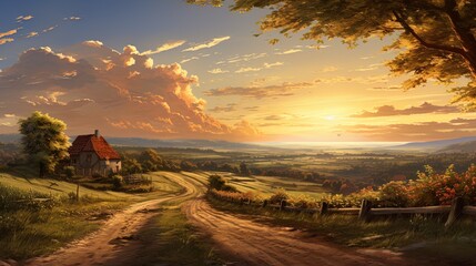 The rural idyll is revealed in the rays of the setting sun quiet streets framed by golden fields create a sense of peace and harmony.