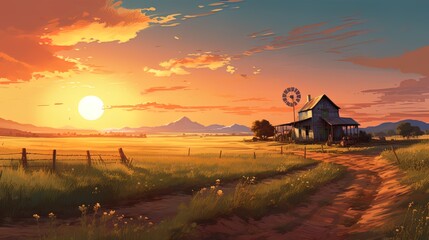 Naklejka na ściany i meble The sun bids farewell, bathing rural homes in warm light, and the rotating windmill blades create a play of light and shadow, carrying the evening into boundless silence.