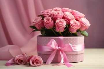 Vibrant pink roses surrounding an elegant pink gift box