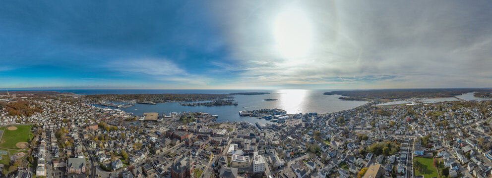 Fall 2023 panoramic aerial image in Gloucester, Massachusetts, MA, USA.
