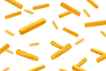 Falling Fish or Cheese stick, isolated on white background, selective focus