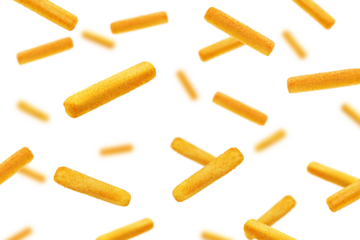 Falling Fish or Cheese stick, isolated on white background, selective focus