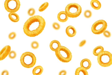 Falling fried Onion ring, isolated on white background, selective focus