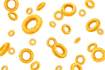 Falling fried Onion ring, isolated on white background, selective focus