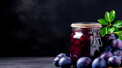 Fresh plum jam on grey table. Fresh plums on a dark background with space for text. Ripe plums and plum compote in jars on the table.