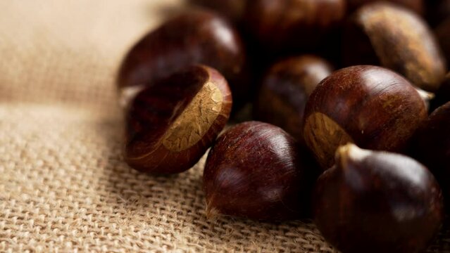 Autumn harvested chestnuts on a brown burlap cloth close up. Rotation