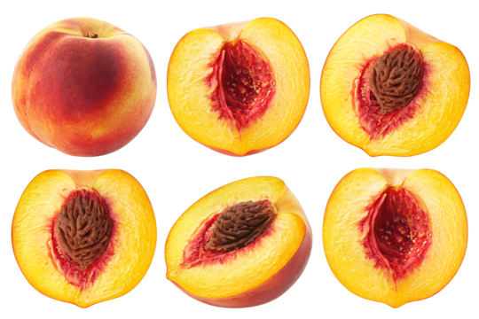 Peach half isolated on white background, full depth of field