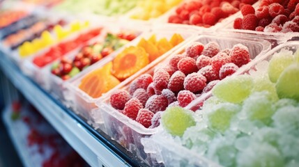 Frozen fruit and berry showcase supermarket grocery market wallpaper background - obrazy, fototapety, plakaty