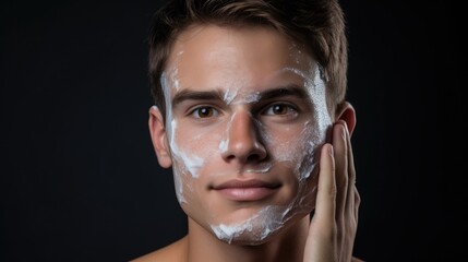 Handsome man taking care of face skin after shaving wallpaper background
