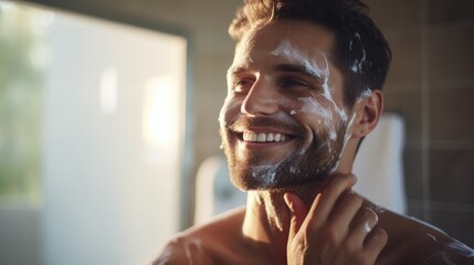 Handsome man taking care of face skin after shaving wallpaper background
 - obrazy, fototapety, plakaty