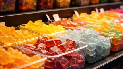 Marmalade candy jelly showcase supermarket grocery market wallpaper background
